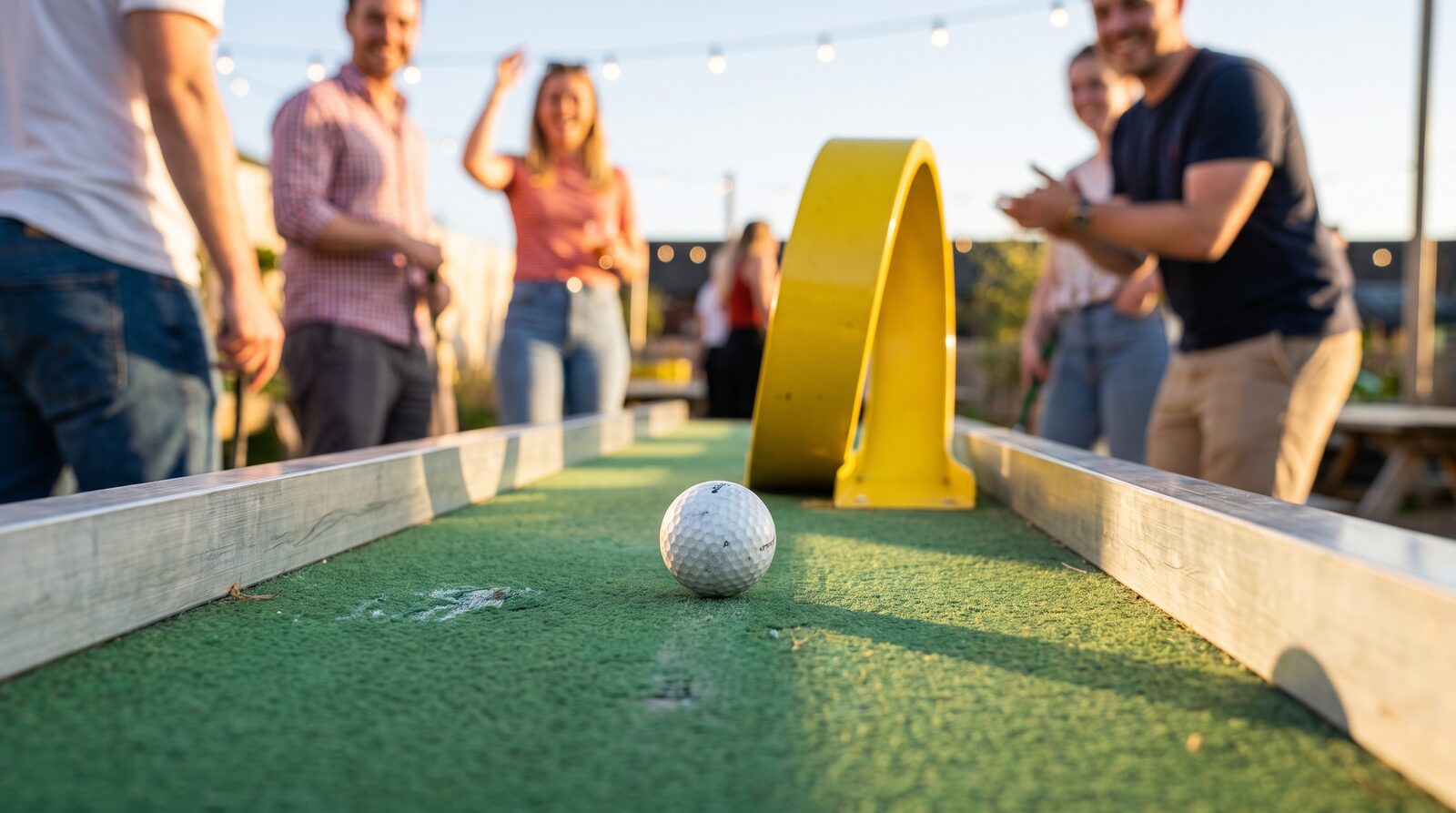 Minigolfball und Schläger auf einer mobilen Bahn
